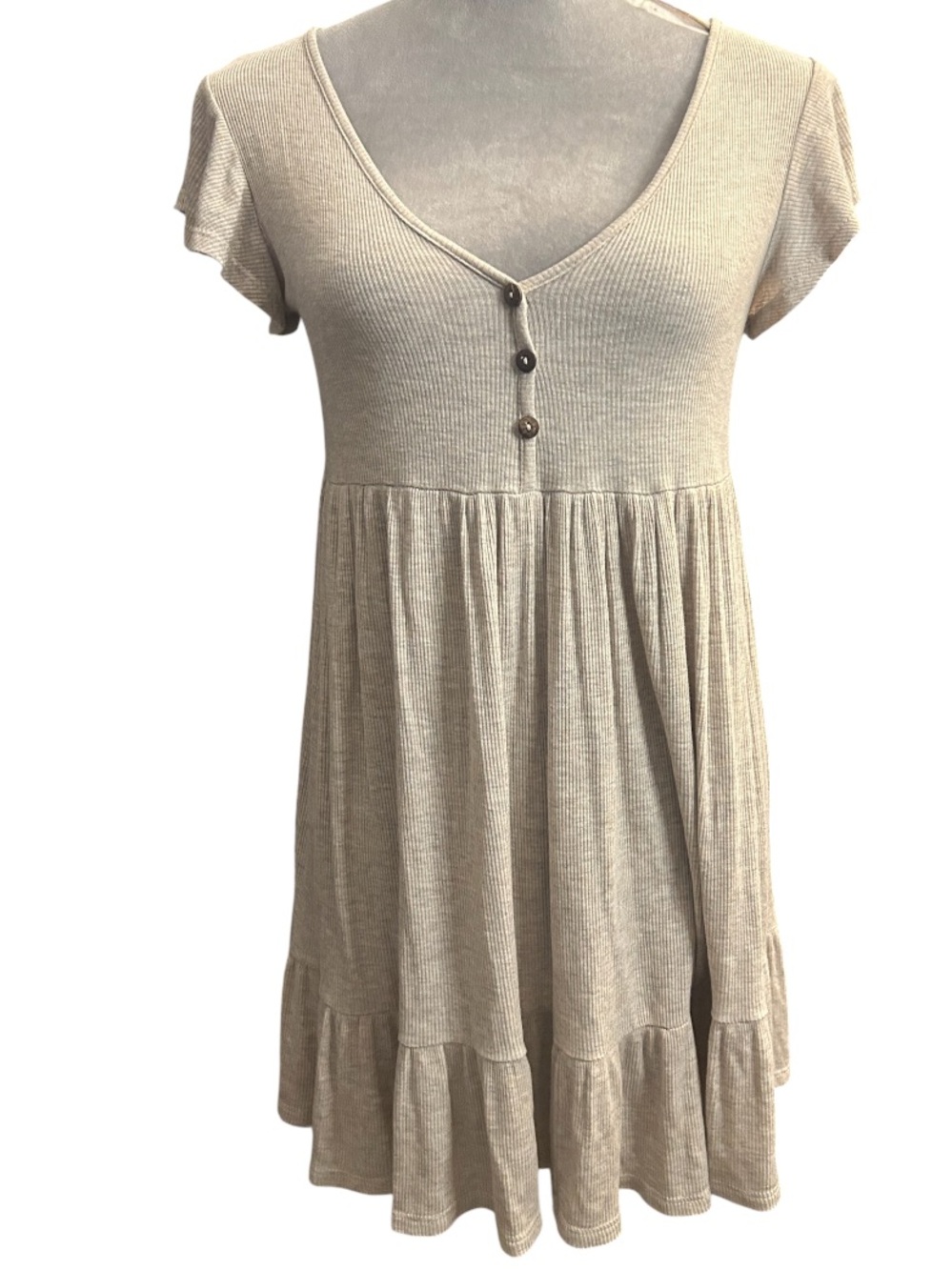 Beige Ruffle-Hem Mini Dress